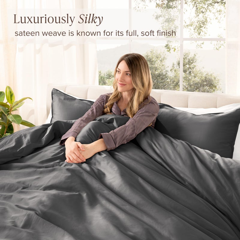 Bare Home 100% Organic Cotton Sateen Duvet Cover Set - Full/Queen Size - 400 Thread Count - Smooth Sateen Weave - Warm & Luxurious - Duvet Cover (Queen, Grey) - Image 2